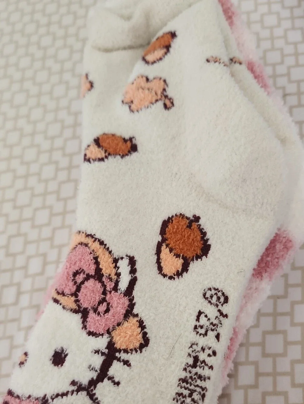 Hello Kitty Pink Fuzzy Socks with Pumpkin & Leaf Accents